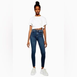 Topshop Moto Jamie Skinny Jeans High Rise Raw Hem Dark Indigo Blue Size 26
